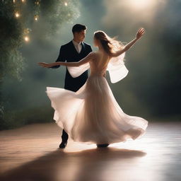 A beautiful woman wearing an elegant dress dances gracefully in the air