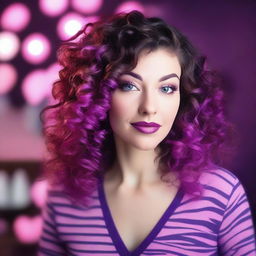 A pale, short white woman with deep violet medium length curly to wavy hair and greenish brown hazel electrifying eyes with pink zebras