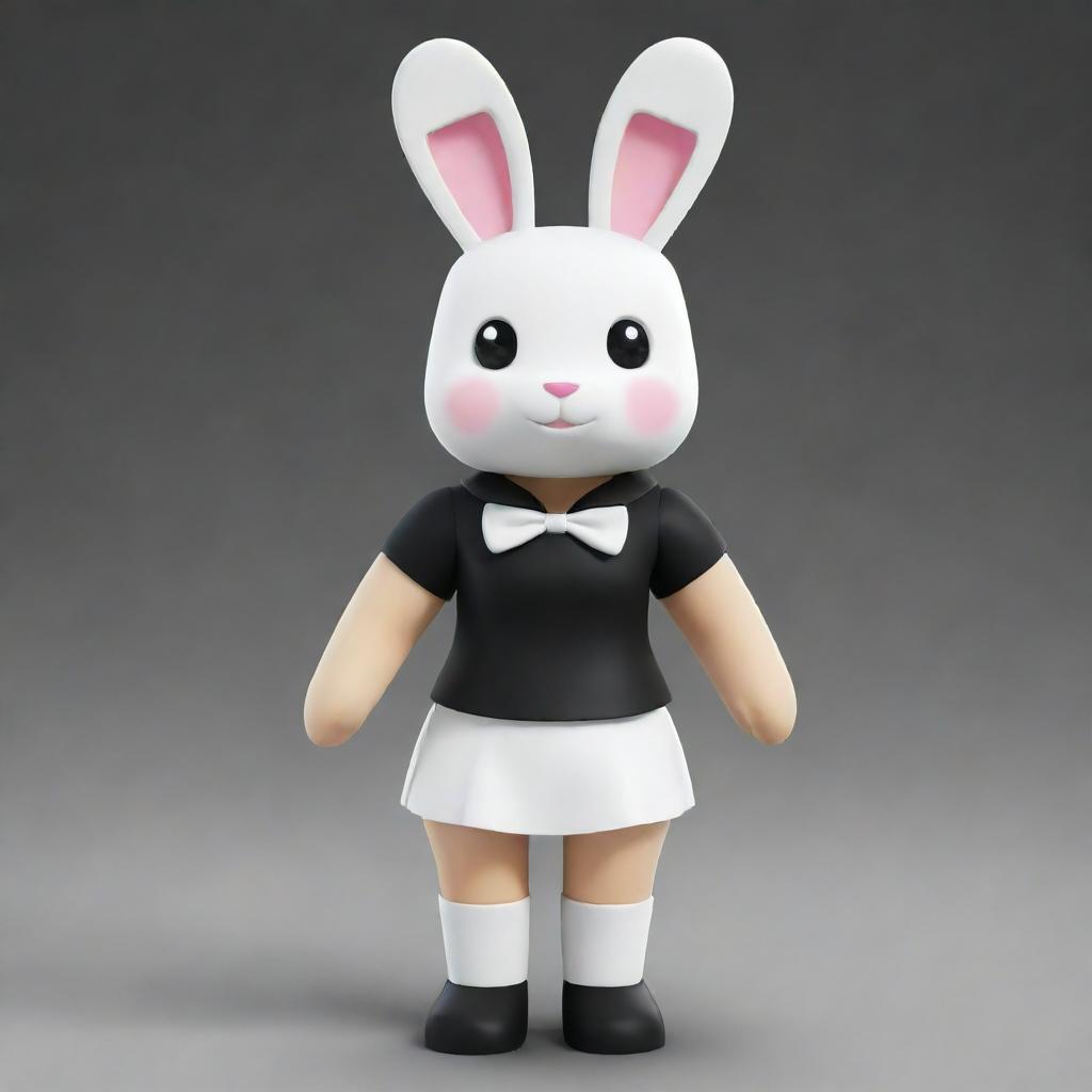 A pint-sized, female Roblox character structured as a bunny with white head and arms, black torso and legs. She dons a black collar and has sprightly white ears.