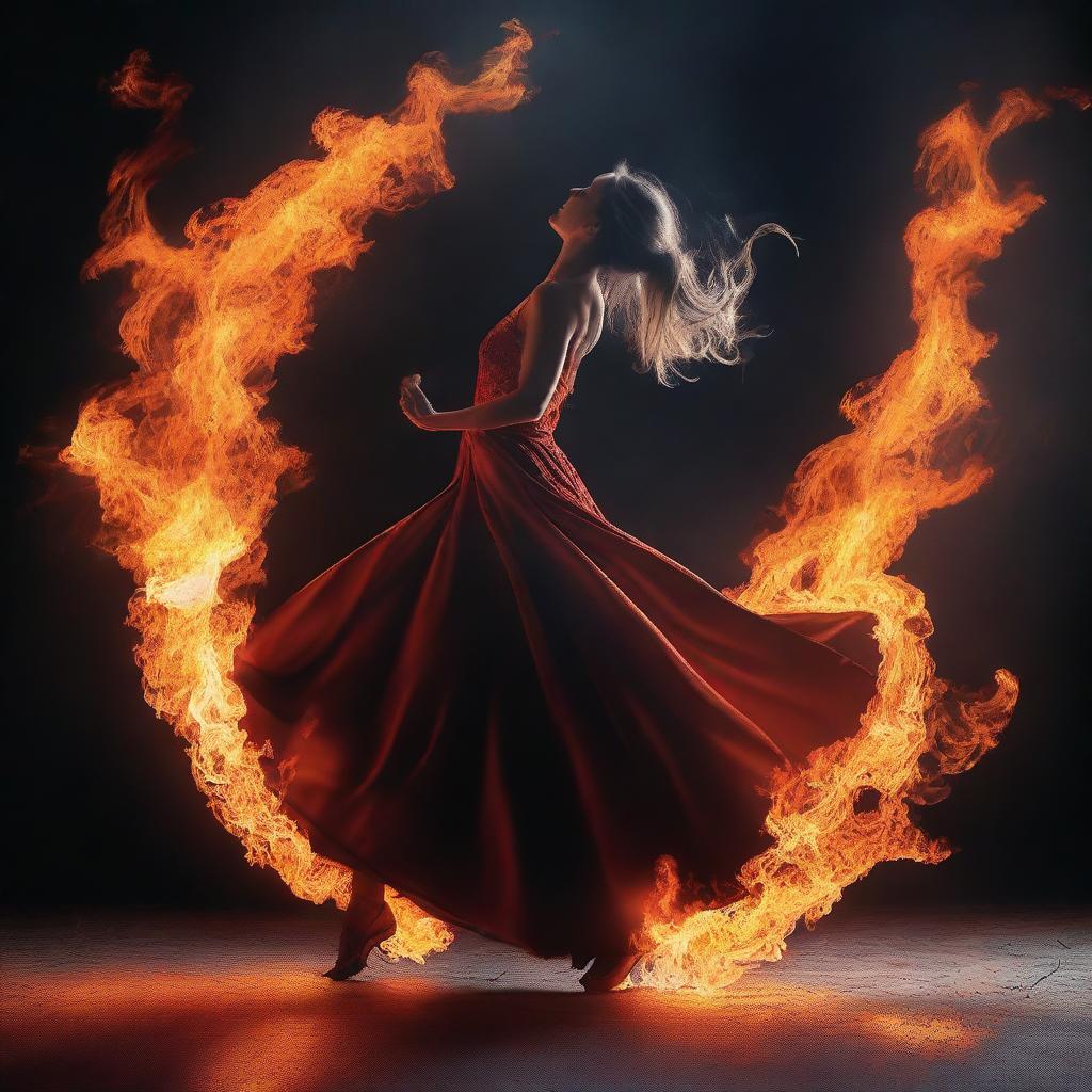 A woman wearing an elegant dress dances gracefully over a blazing fire