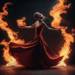 A woman wearing an elegant dress dances gracefully over a blazing fire