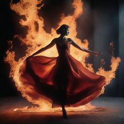 A woman wearing an elegant dress dances gracefully over a blazing fire