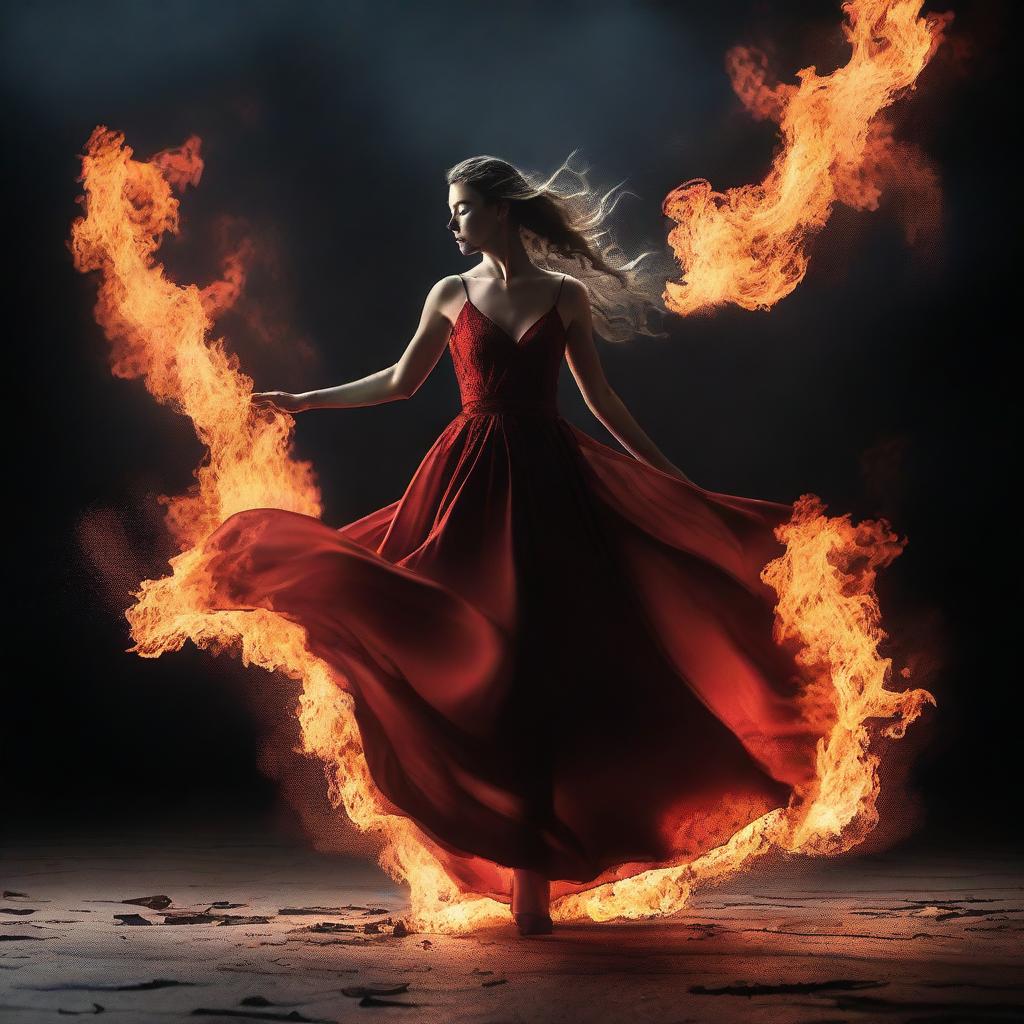 A woman wearing an elegant dress dances gracefully over a blazing fire