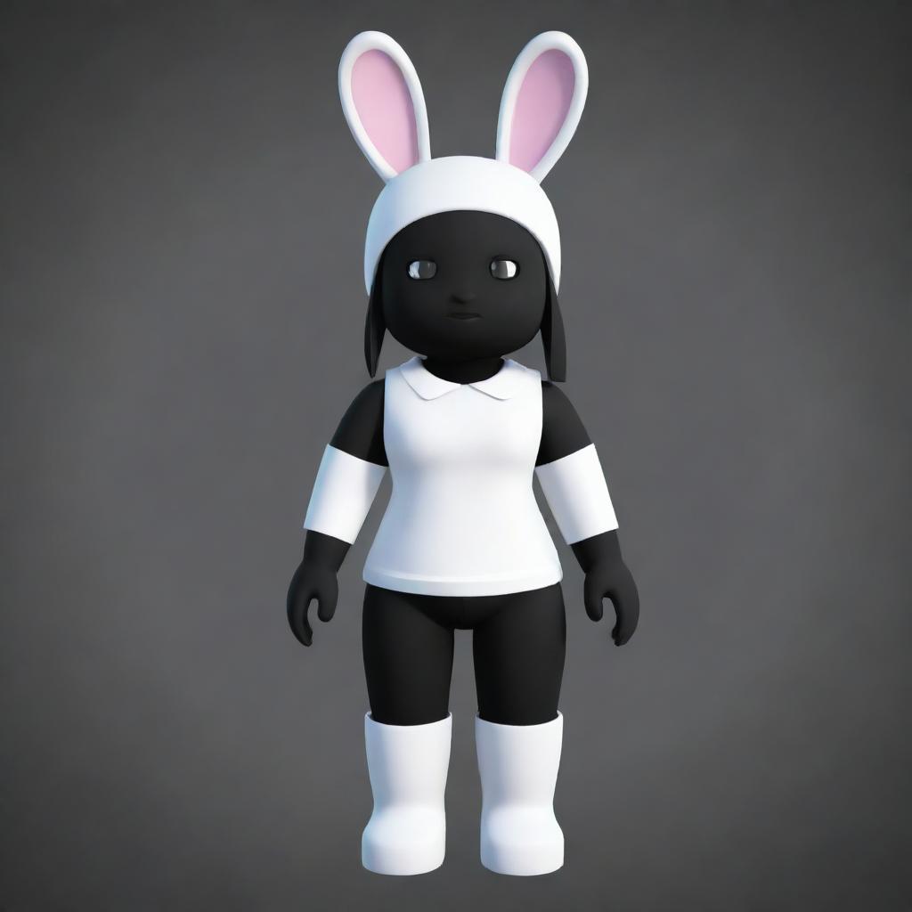 A small female Roblox character in the guise of a bunny, with white skin on the arms and head, black skin on the torso and legs, a black collar, and white ears.