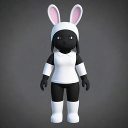 A small female Roblox character in the guise of a bunny, with white skin on the arms and head, black skin on the torso and legs, a black collar, and white ears.