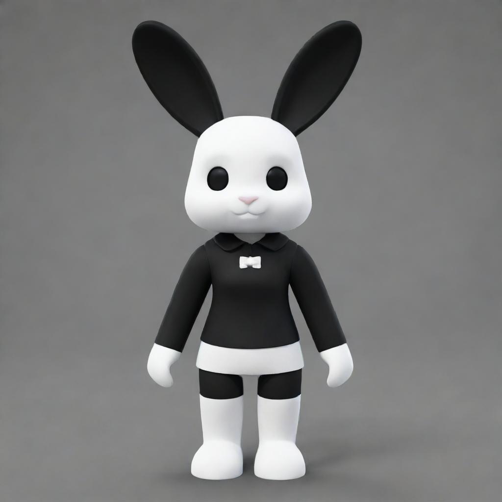 A small female Roblox character in the guise of a bunny, with white skin on the arms and head, black skin on the torso and legs, a black collar, and white ears.