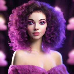 A short white woman with deep violet medium length curly to wavy hair