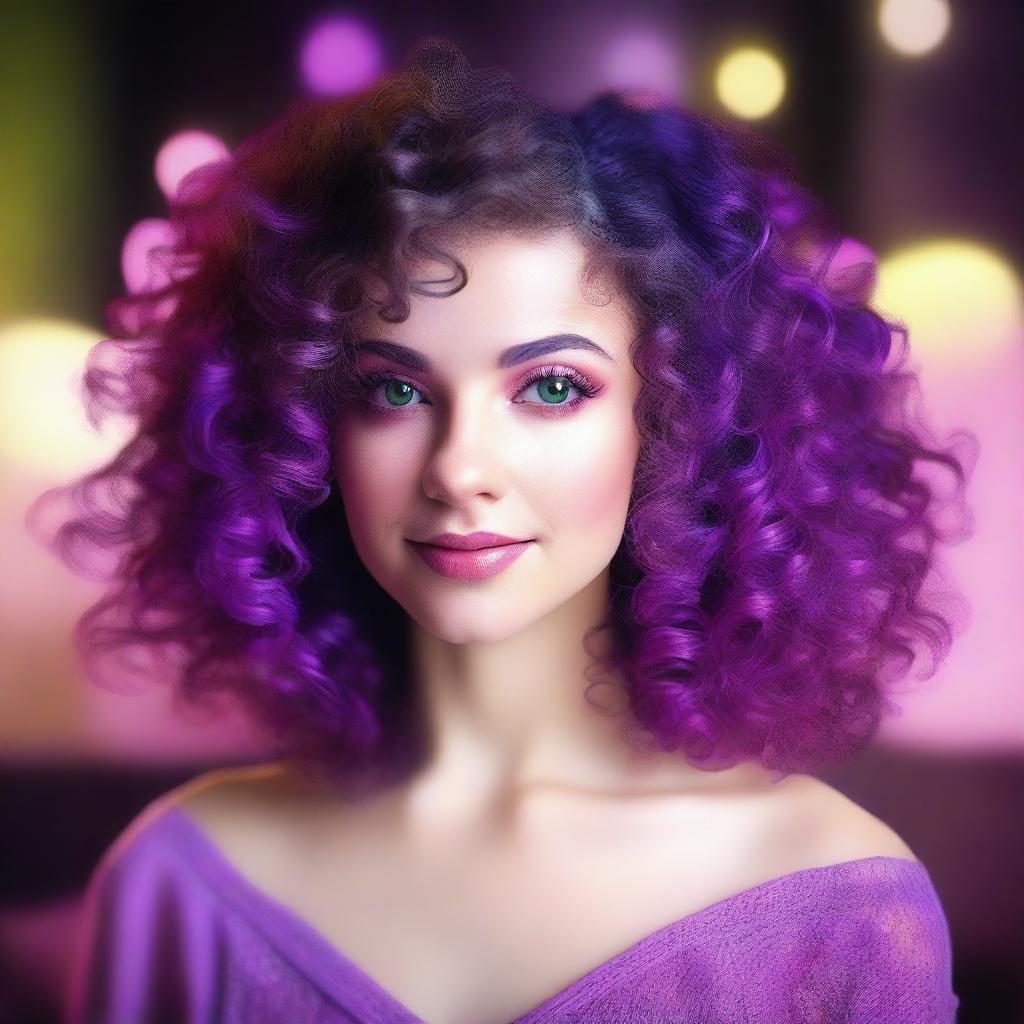 A short white woman with deep violet medium length curly to wavy hair