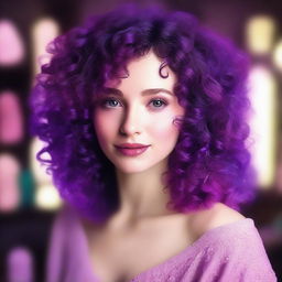 A short white woman with deep violet medium length curly to wavy hair