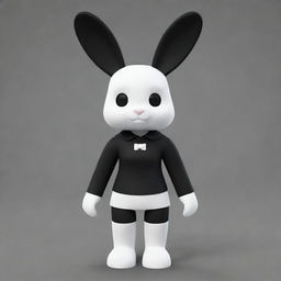 A small female Roblox character in the guise of a bunny, with white skin on the arms and head, black skin on the torso and legs, a black collar, and white ears.