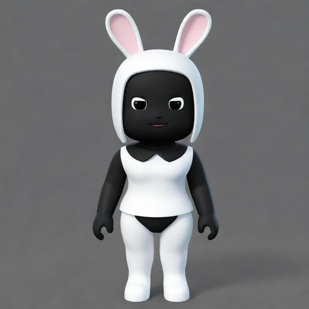 A small female Roblox character in the guise of a bunny, with white skin on the arms and head, black skin on the torso and legs, a black collar, and white ears.