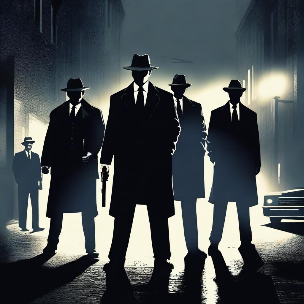 A dramatic scene featuring a mafia gang standing on a dimly lit street, holding guns