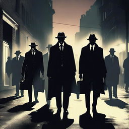 A dramatic scene featuring a mafia gang standing on a dimly lit street, holding guns