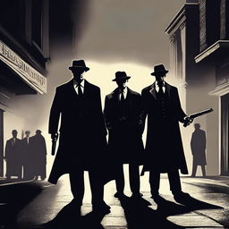 A dramatic scene featuring a mafia gang standing on a dimly lit street, holding guns