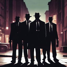 A dramatic scene featuring a mafia gang standing on a dimly lit street, holding guns