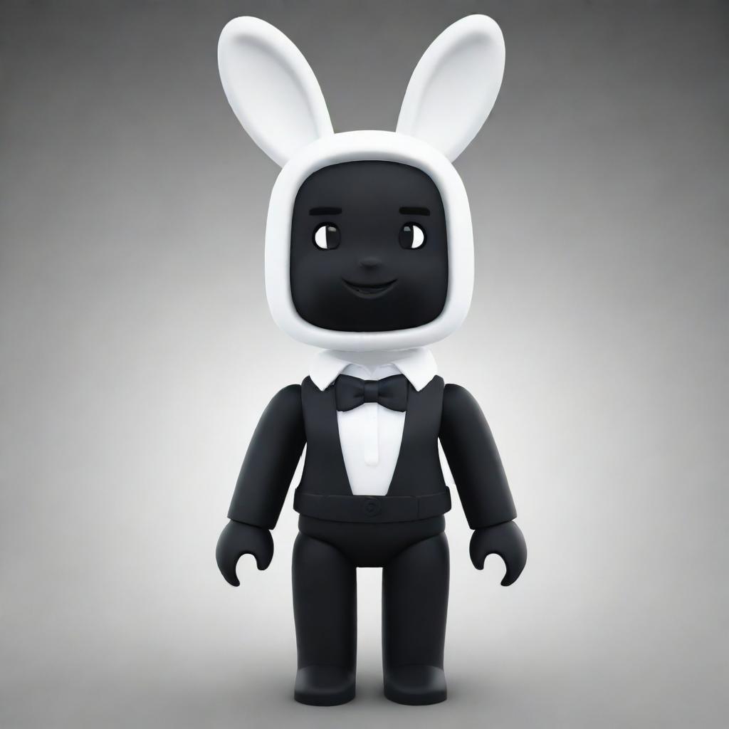 A small female Roblox character in the guise of a bunny, with white skin on the arms and head, black skin on the torso and legs, a black collar, and white ears.