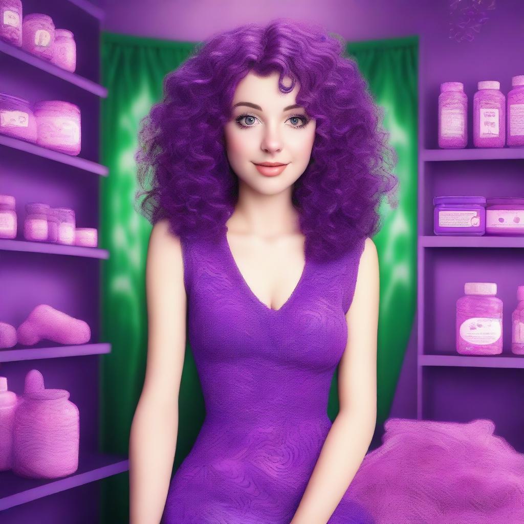 A digital art depiction of a short, pale white woman with deep violet medium-length curly to wavy hair