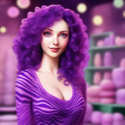 A digital art depiction of a short, pale white woman with deep violet medium-length curly to wavy hair