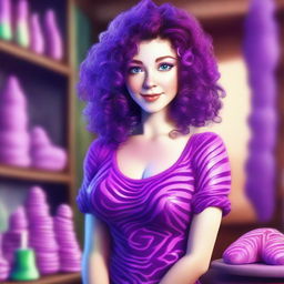 A digital art depiction of a short, pale white woman with deep violet medium-length curly to wavy hair