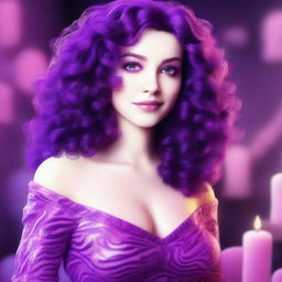 A digital art depiction of a short, pale white woman with deep violet medium-length curly to wavy hair