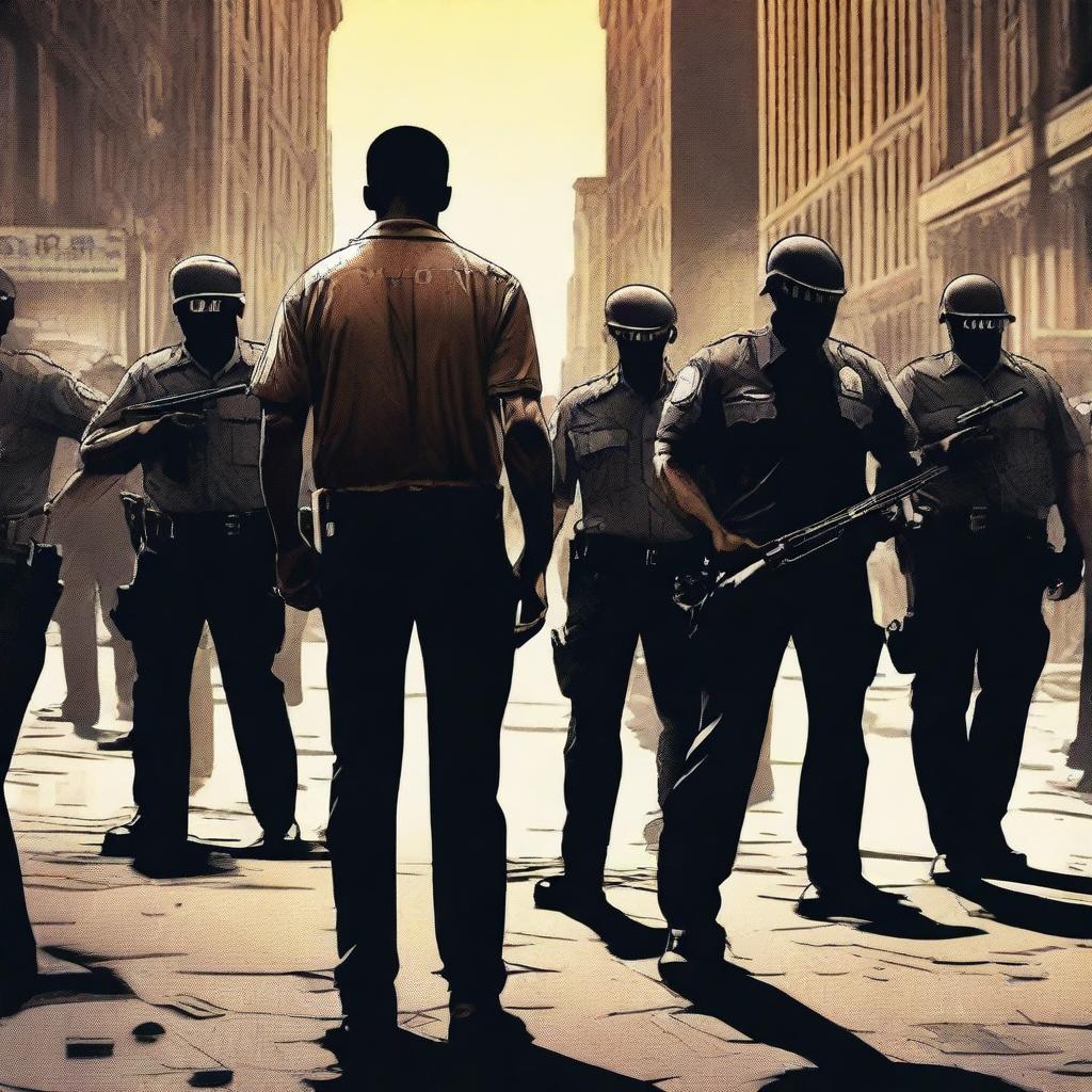 A gritty scene depicting a man holding guns, standing defiantly against a backdrop of corrupt police officers