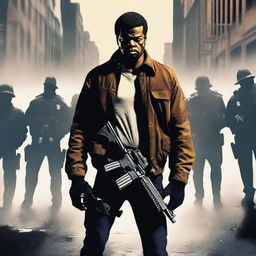 A gritty scene depicting a man holding guns, standing defiantly against a backdrop of corrupt police officers