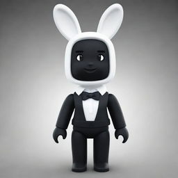 A small female Roblox character in the guise of a bunny, with white skin on the arms and head, black skin on the torso and legs, a black collar, and white ears.