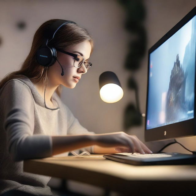 A 25-year-old girl is playing a game on her PC