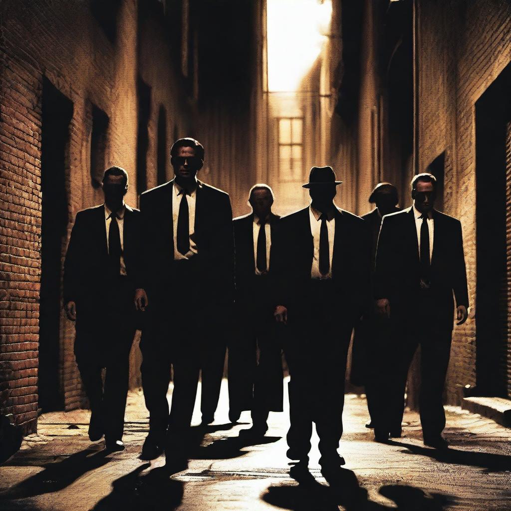 A group of mafia members dressed in sharp suits, reminiscent of the characters from Reservoir Dogs