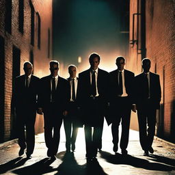 A group of mafia members dressed in sharp suits, reminiscent of the characters from Reservoir Dogs