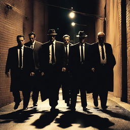 A group of mafia members dressed in sharp suits, reminiscent of the characters from Reservoir Dogs