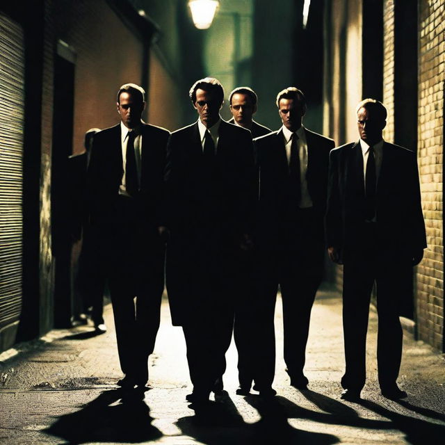 A group of mafia members dressed in sharp suits, reminiscent of the characters from Reservoir Dogs