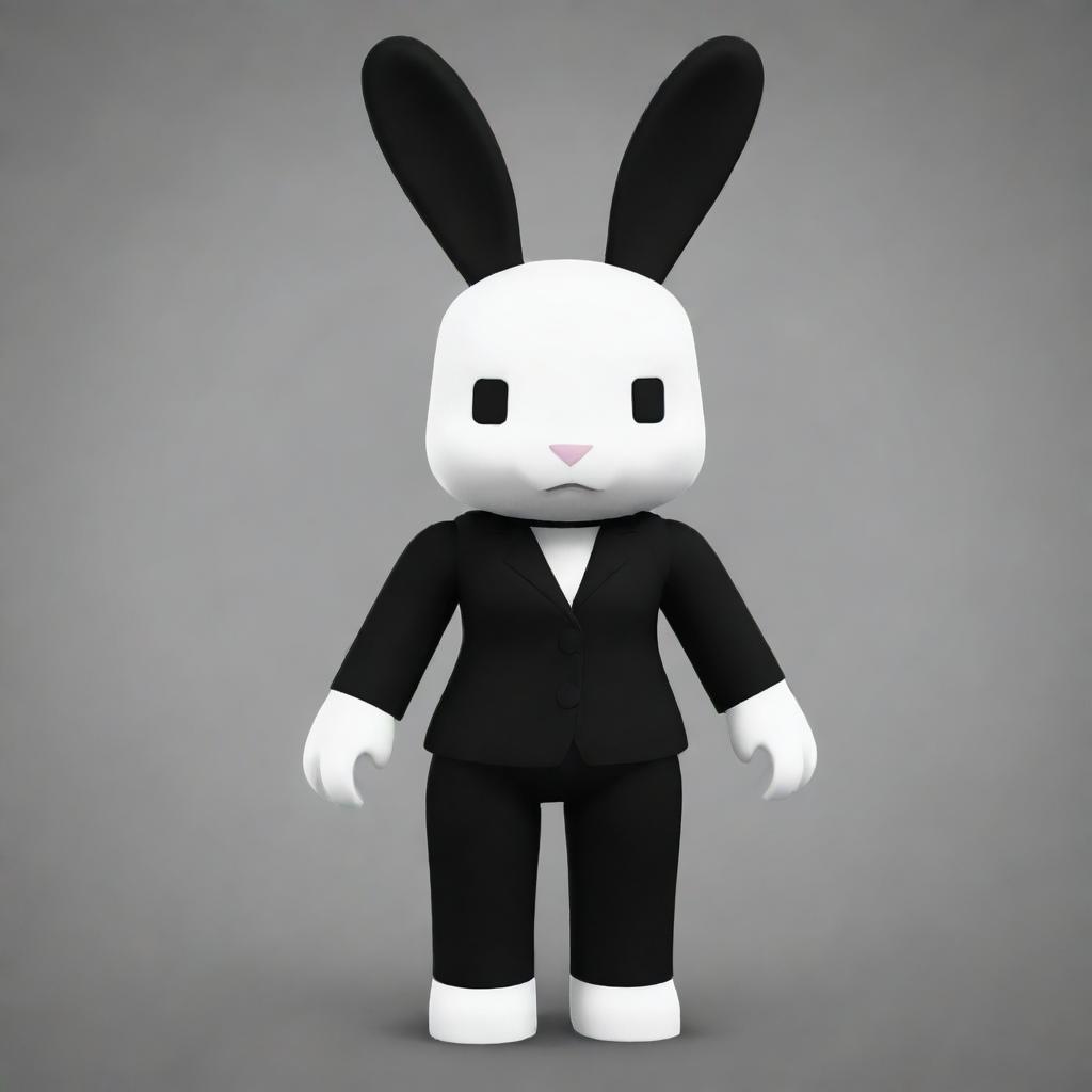 A small female Roblox character, designed as a bunny with white head and arms, a black torso and legs. The character sports a black collar and has long, white ears.