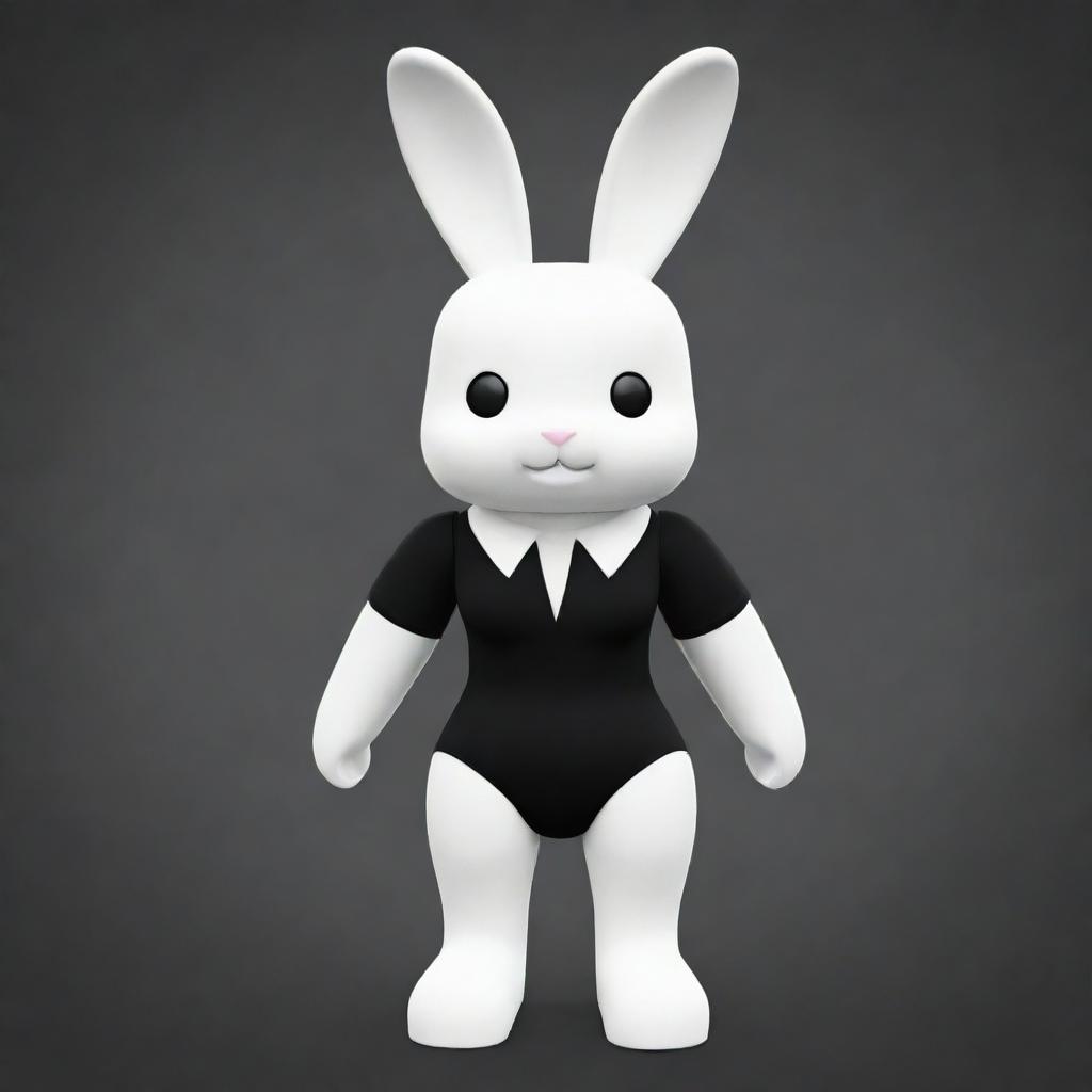 A small female Roblox character, designed as a bunny with white head and arms, a black torso and legs. The character sports a black collar and has long, white ears.