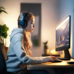 A 25-year-old girl is playing a game on her PC