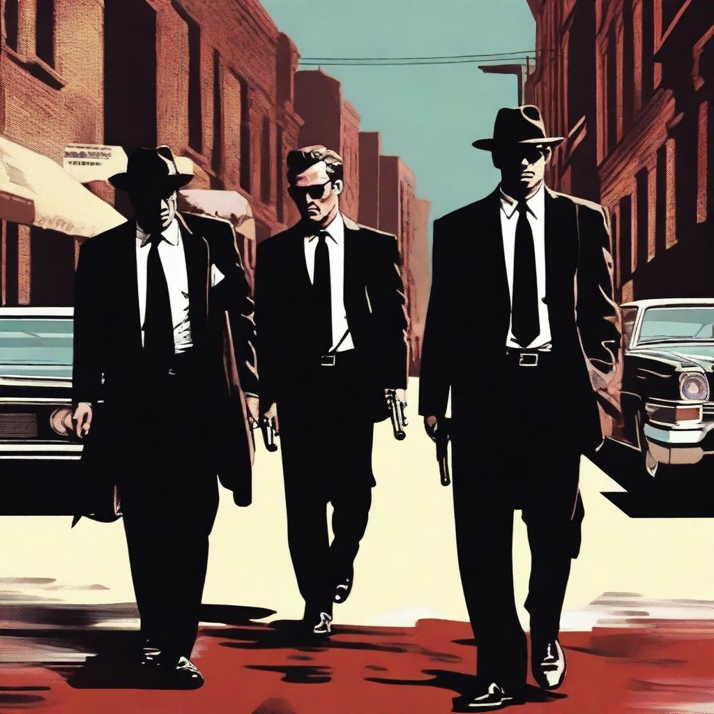 A scene inspired by Reservoir Dogs and LA Confidential, featuring mafia members holding guns