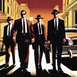 A scene inspired by Reservoir Dogs and LA Confidential, featuring mafia members holding guns