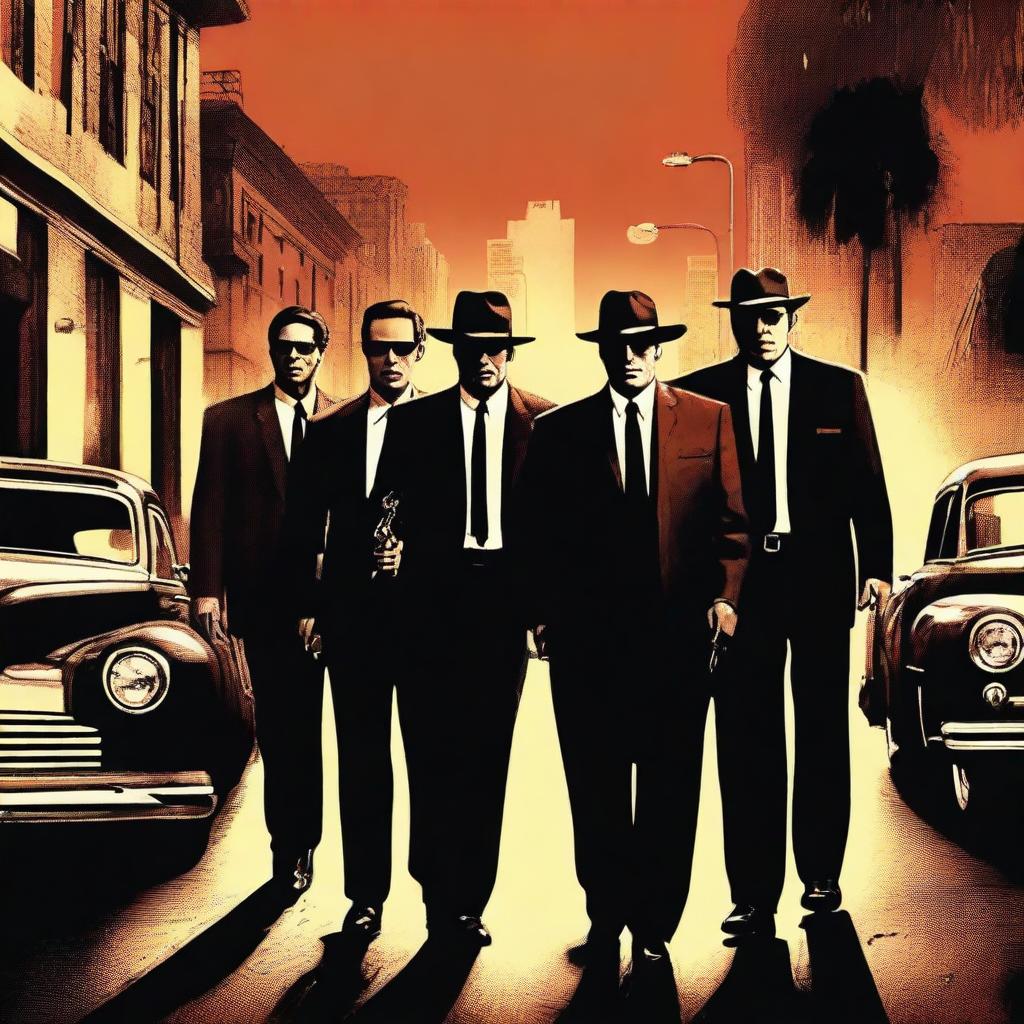 A scene inspired by Reservoir Dogs and LA Confidential, featuring mafia members holding guns