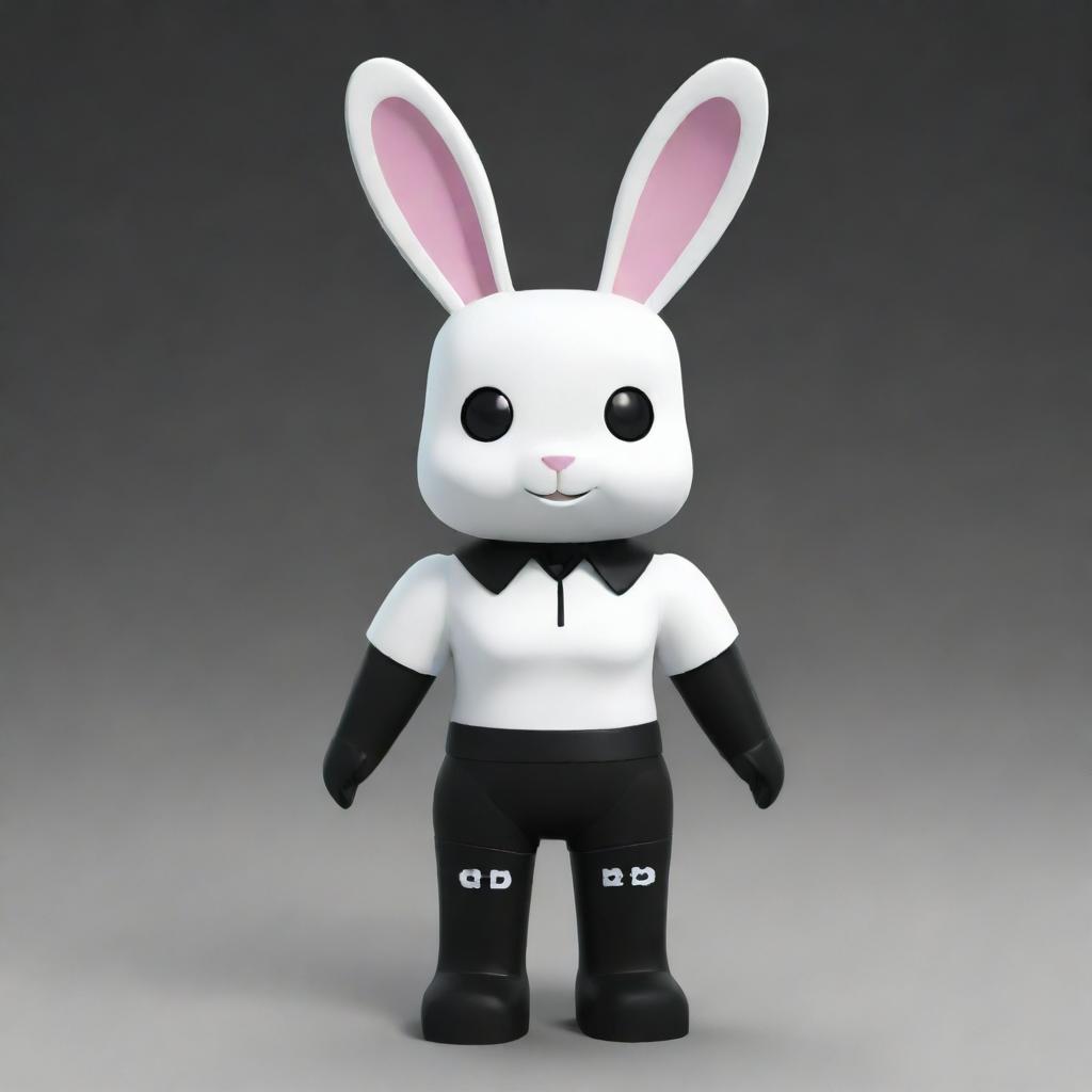 A small female Roblox character, designed as a bunny with white head and arms, a black torso and legs. The character sports a black collar and has long, white ears.