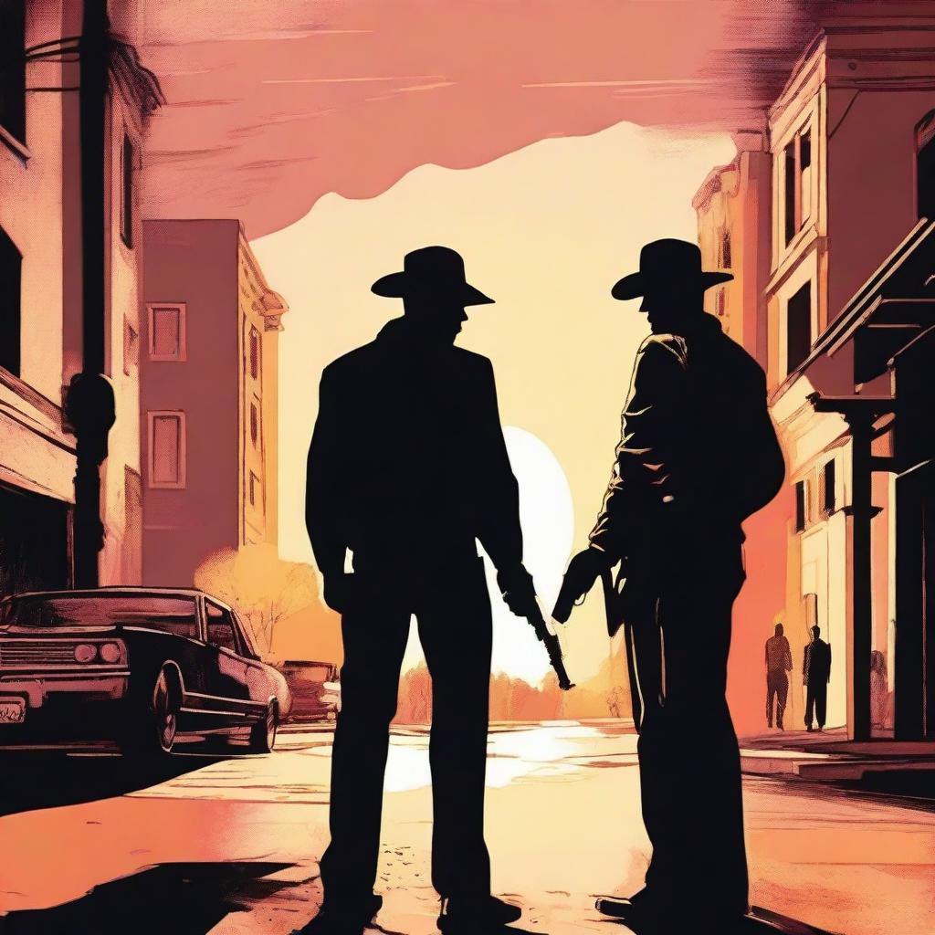 Two guys with guns who don't like each other are standing in the street with the sunset behind them