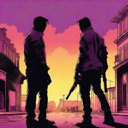 Two guys with guns who don't like each other are standing in the street with the sunset behind them