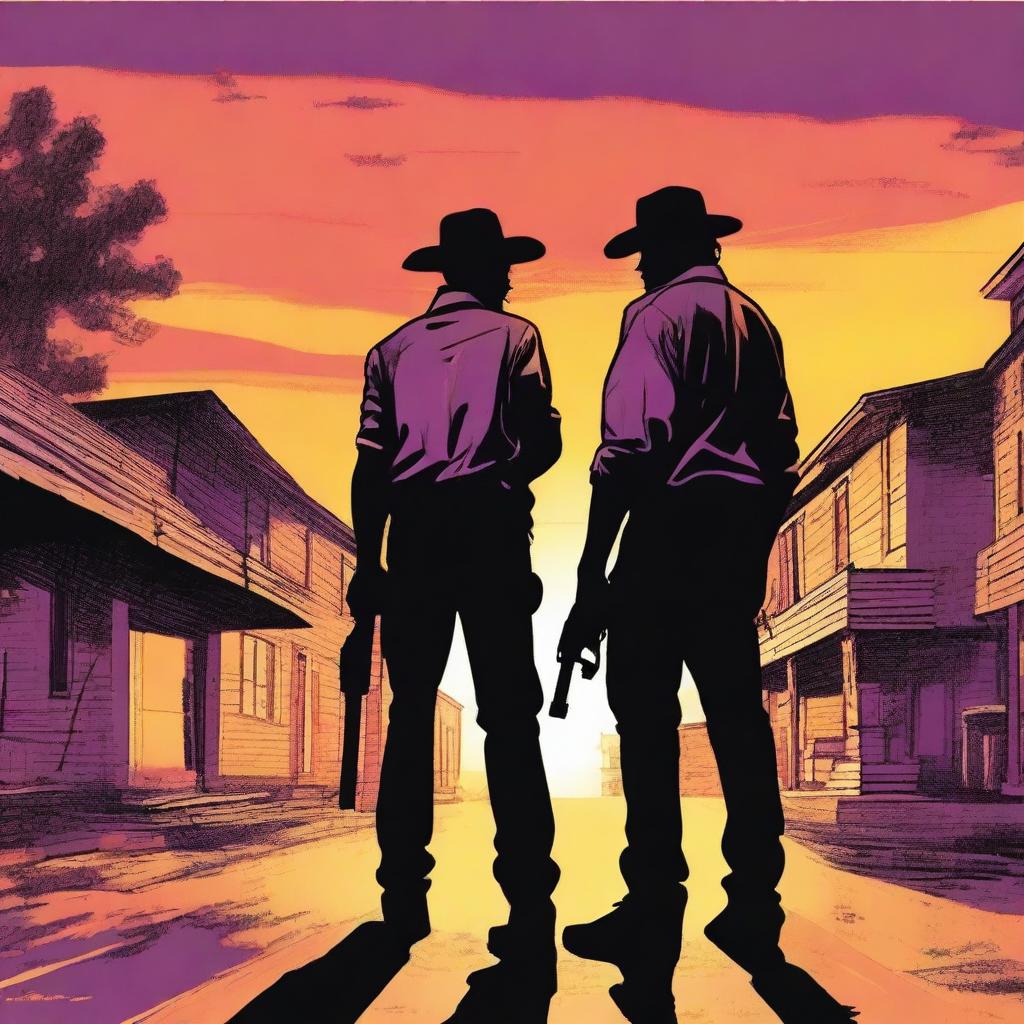 Two guys with guns who don't like each other are standing in the street with the sunset behind them