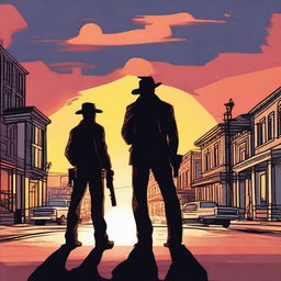 Two guys with guns who don't like each other are standing in the street with the sunset behind them