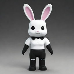 A small female Roblox character, designed as a bunny with white head and arms, a black torso and legs. The character sports a black collar and has long, white ears.