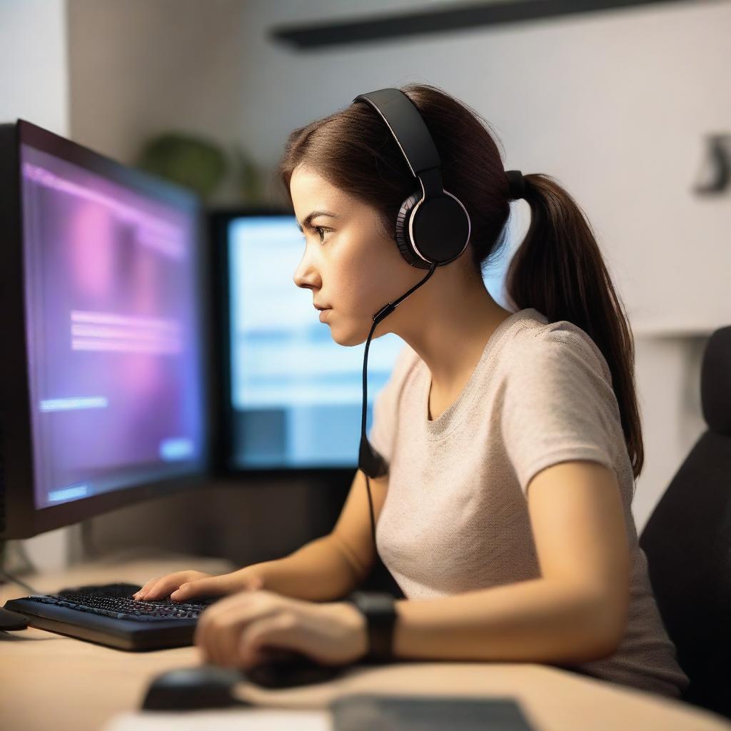 A 30-year-old woman is playing a video game on her PC