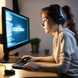 A 30-year-old woman is playing a video game on her PC