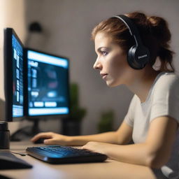 A 30-year-old woman is playing a video game on her PC