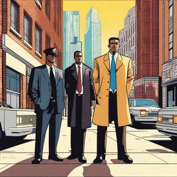 A scene on the street featuring three characters: a lawyer, a man holding a gun, and a policeman