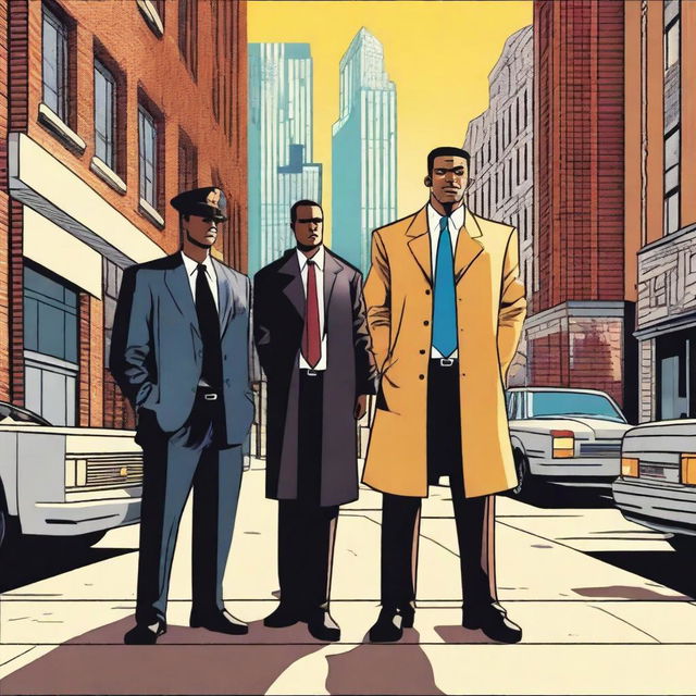 A scene on the street featuring three characters: a lawyer, a man holding a gun, and a policeman