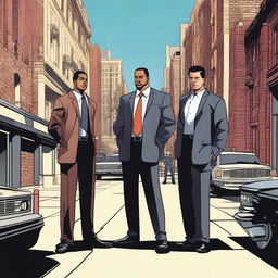 A scene on the street featuring three characters: a lawyer, a man holding a gun, and a policeman